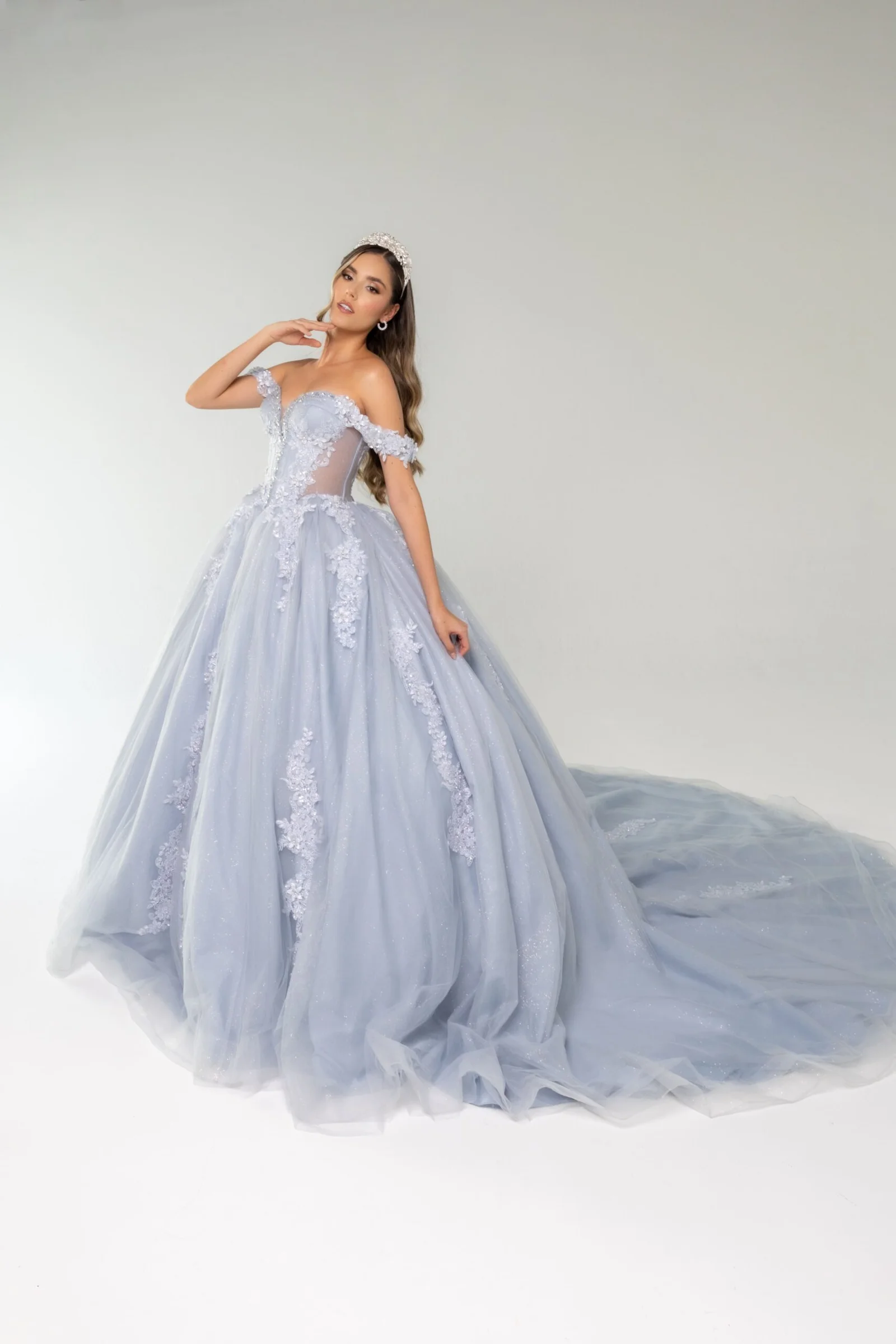 Vestido Aria número 03 azul grisáceo para quinceañera
